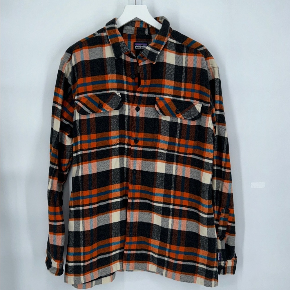 Patagonia Organic Cotton Plaid Shirt - Orange, Blue, and Gray Size Large - Picture 3 of 12